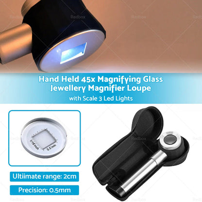 45x Hand Held Magnifying Glass Loupe with 3 LED Lights for Jewellery