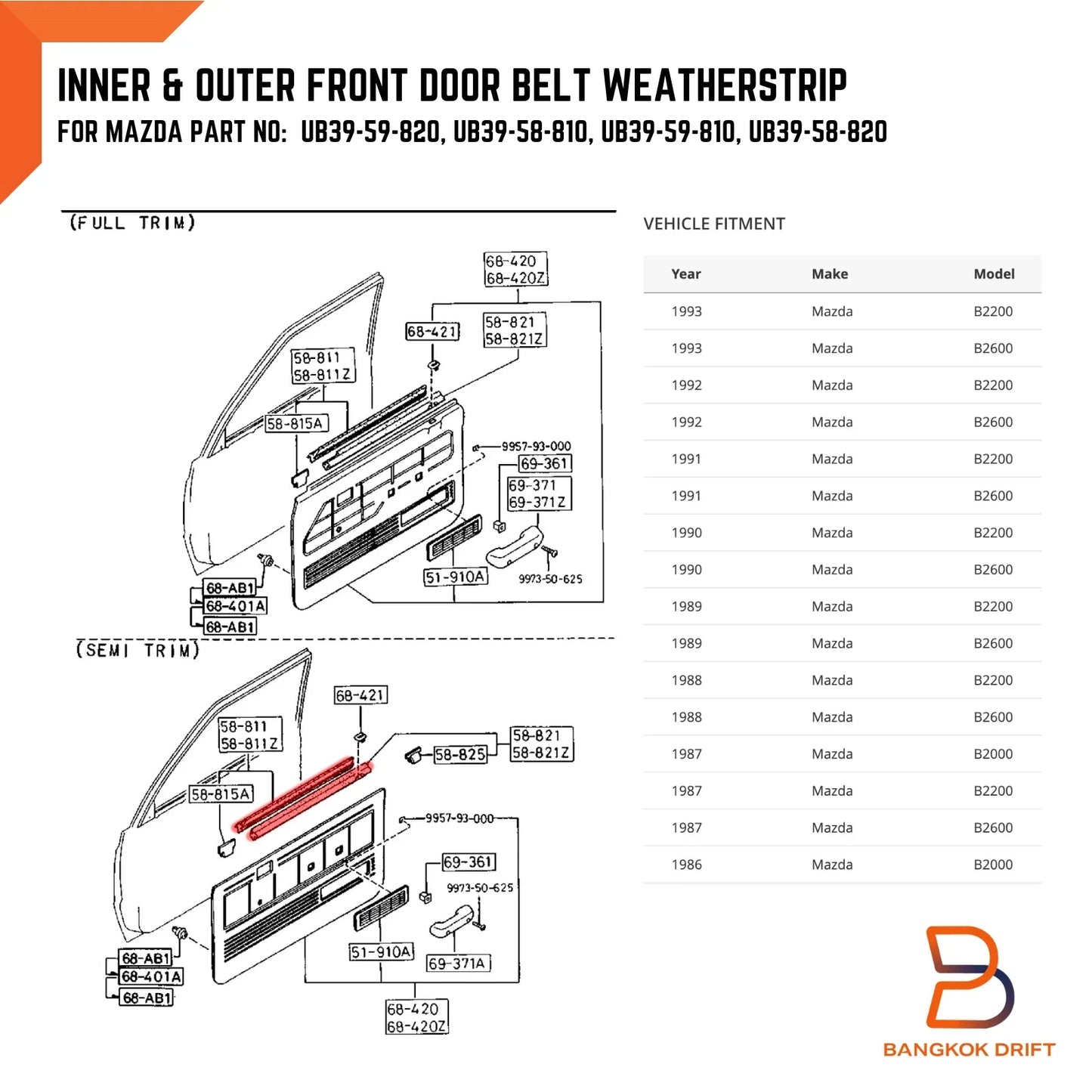 Inner Outer Front Door Weatherstrip Seal for MAZDA B-SERIES UF BRAVO (85-98)