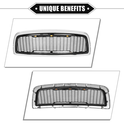 Front Grille Assembly with LED Lights for Dodge (Chrome, Silver, Gloss Black)