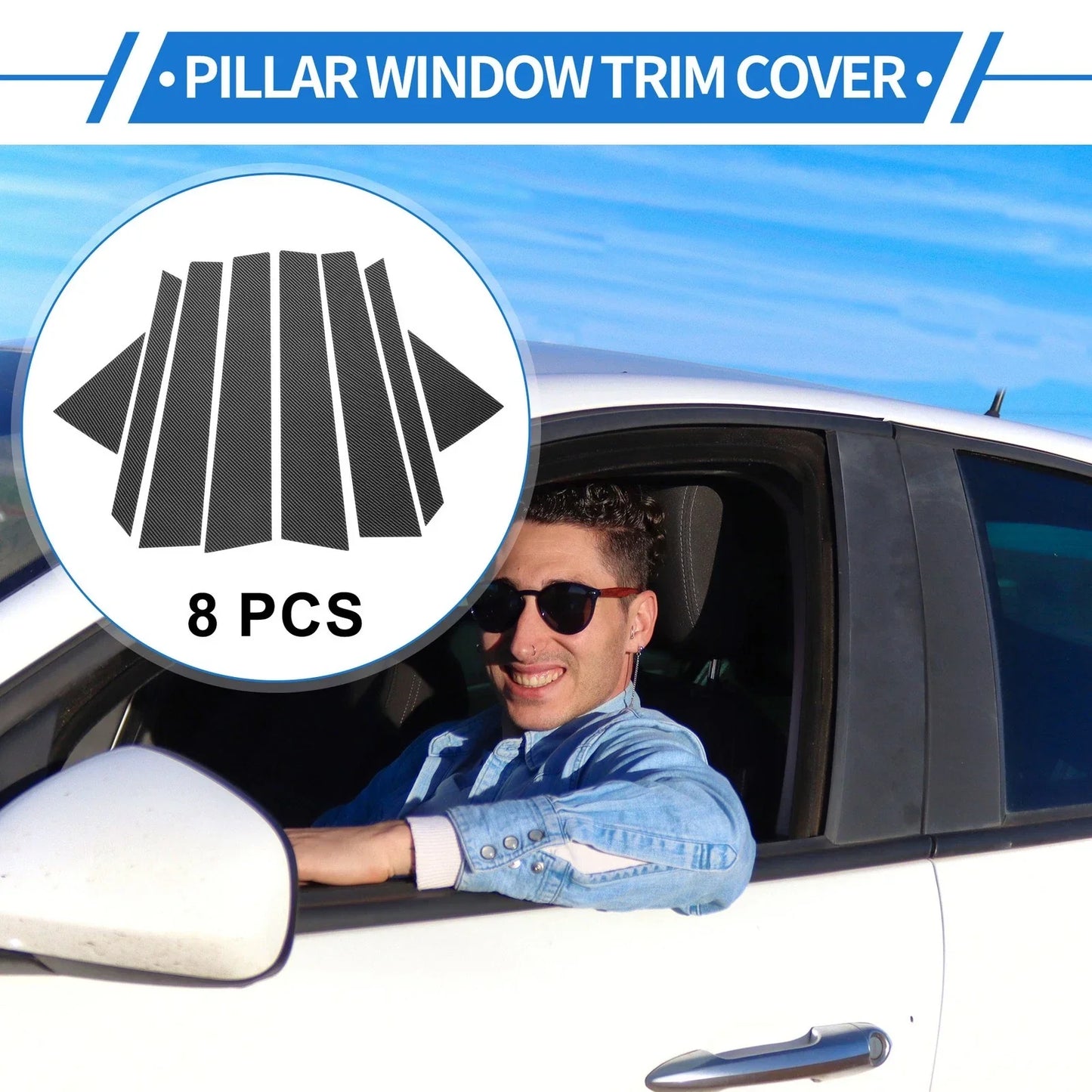 8pcs Door Pillar Window Trim for Hyundai Tucson (2016-2018) Carbon Fiber Black