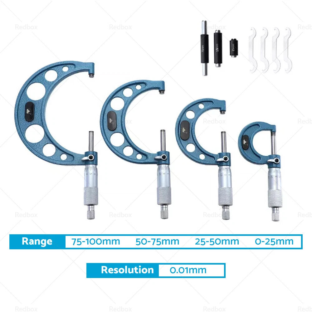4pcs 0-100mm Outside Micrometer Tool Set for Precision Measurement