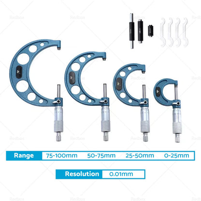 4pcs 0-100mm Outside Micrometer Tool Set for Precision Measurement
