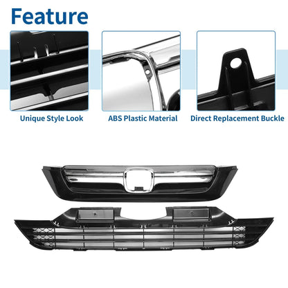 Front Bumper Grille for Honda CR-V (2007-2009) - Chrome Silver Tone Black Set