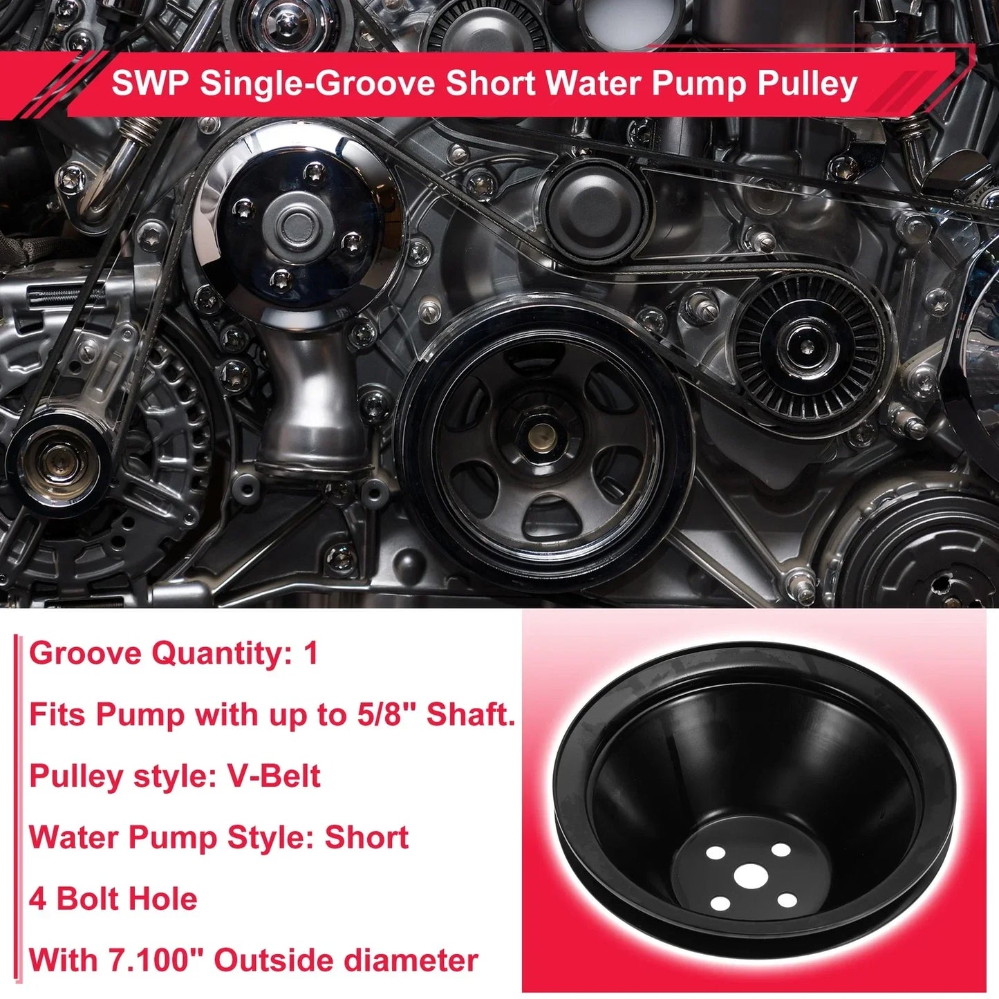 SWP Single-Groove Short Water Pump Pulley for Chevy SBC Small Block (1968-1986)
