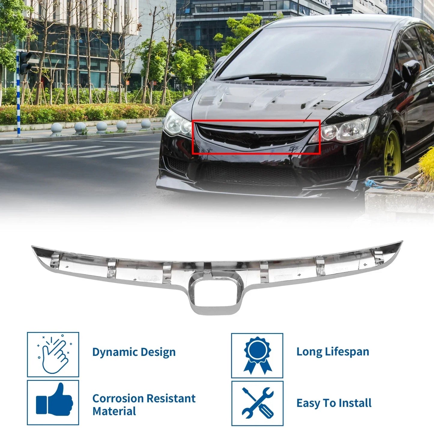 Front Grille Trim for Honda Civic 2006-2008 Chrome Silver Tone