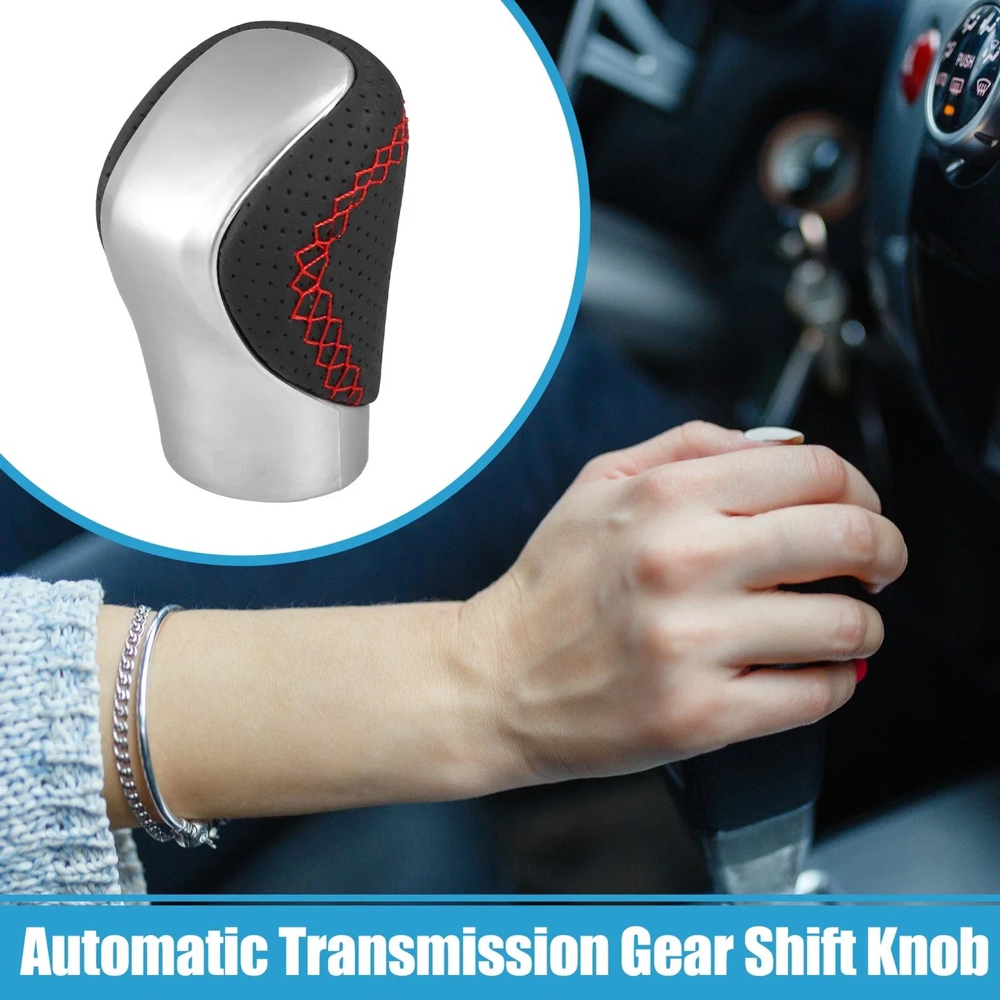 Automatic Gear Shift Knob Cover for Lexus - Silver Tone with Red Thread