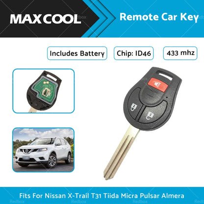 433MHz Car Remote Key 3 Buttons for Nissan X-Trail T31, Tiida, Micra, Pulsar, Almera