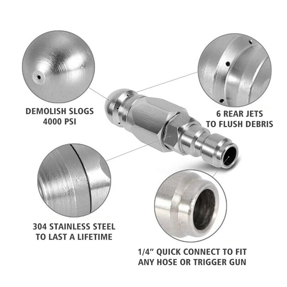 Sewer Jetter Nozzle 1/4" for Pressure Washer - Drain Cleaning