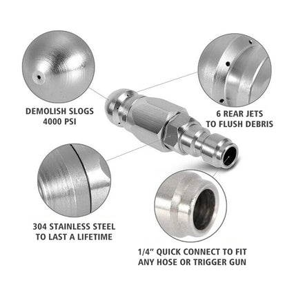 Sewer Jetter Nozzle 1/4" for Pressure Washer - Drain Cleaning