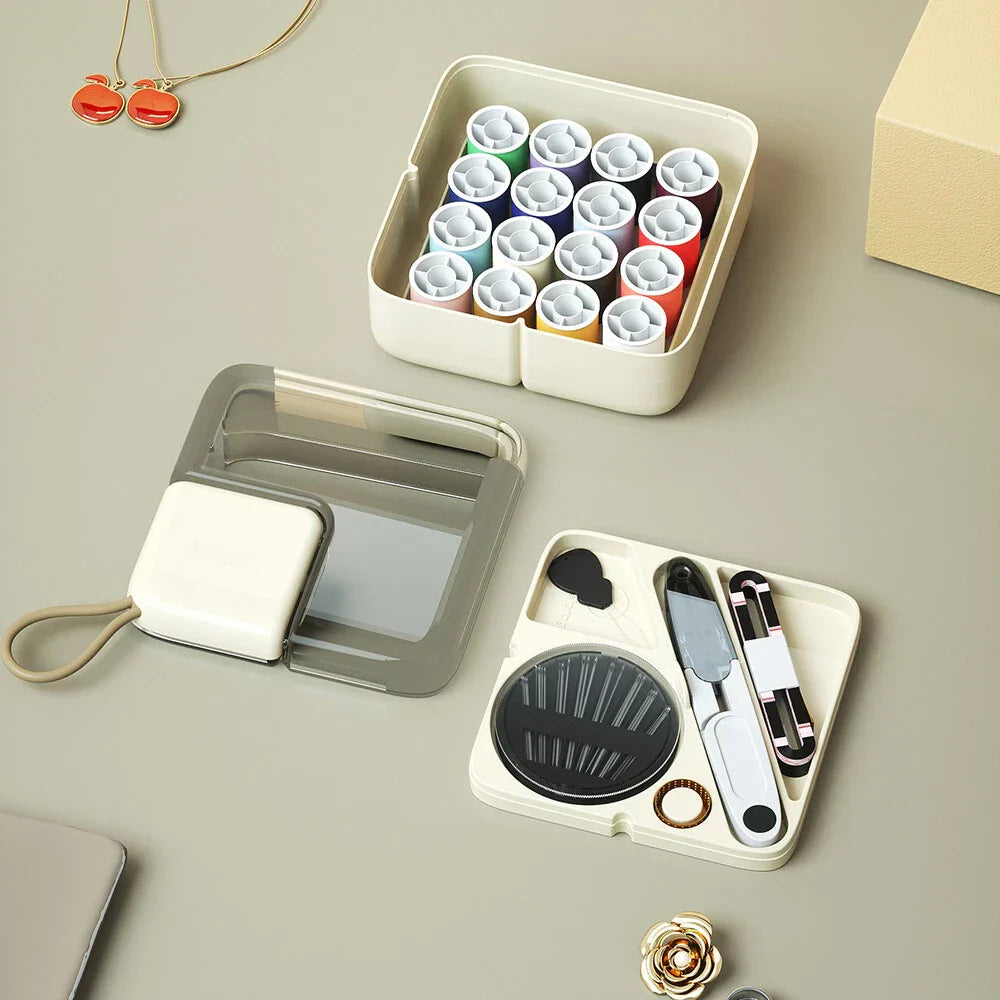 Sewing Kit - Scissors, Needles, Thimble, Thread, Tape Measure - Cream White