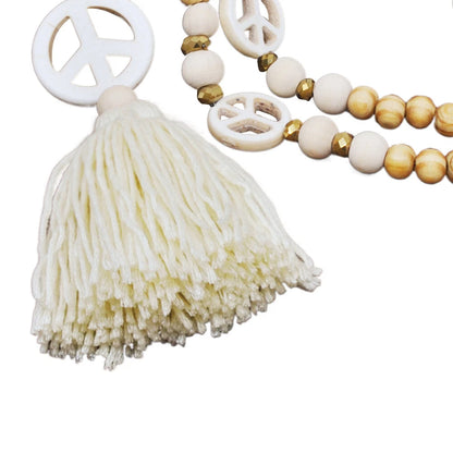 Bohemian Long Necklace with Tassel, Peace Sign, Wood Beads, Fringe