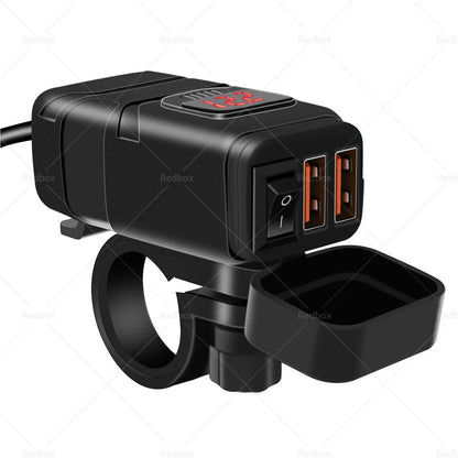 Dual USB Motorcycle Fast Charger Socket w/ LED Voltmeter Display