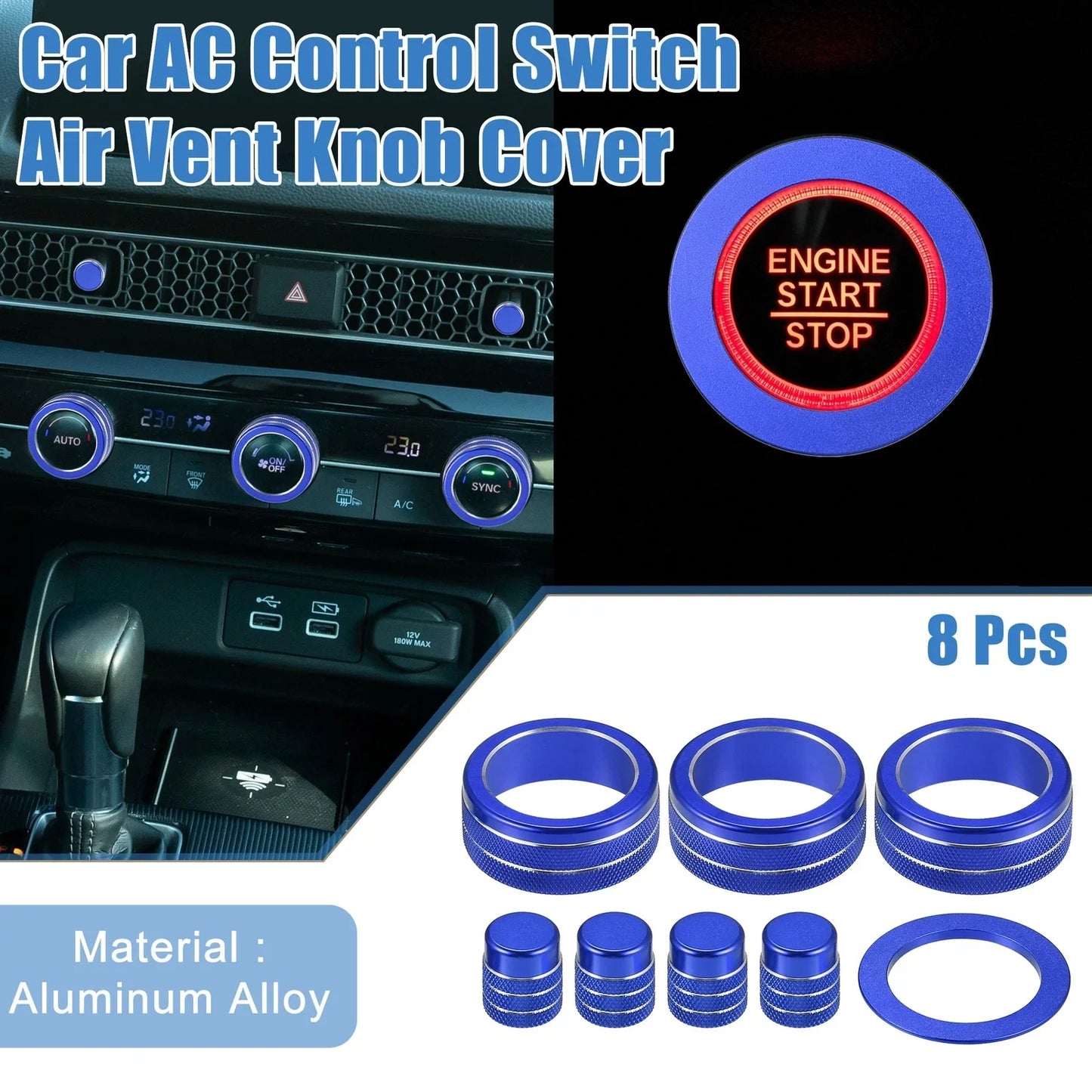 8pcs AC Switch Air Vent Knob Engine Button Covers for Honda Civic (2022-2023)