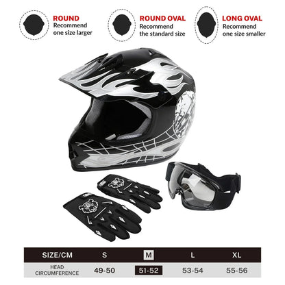 Youth Full Face Motocross Helmet Black Skull for Motorcycle S M L XL