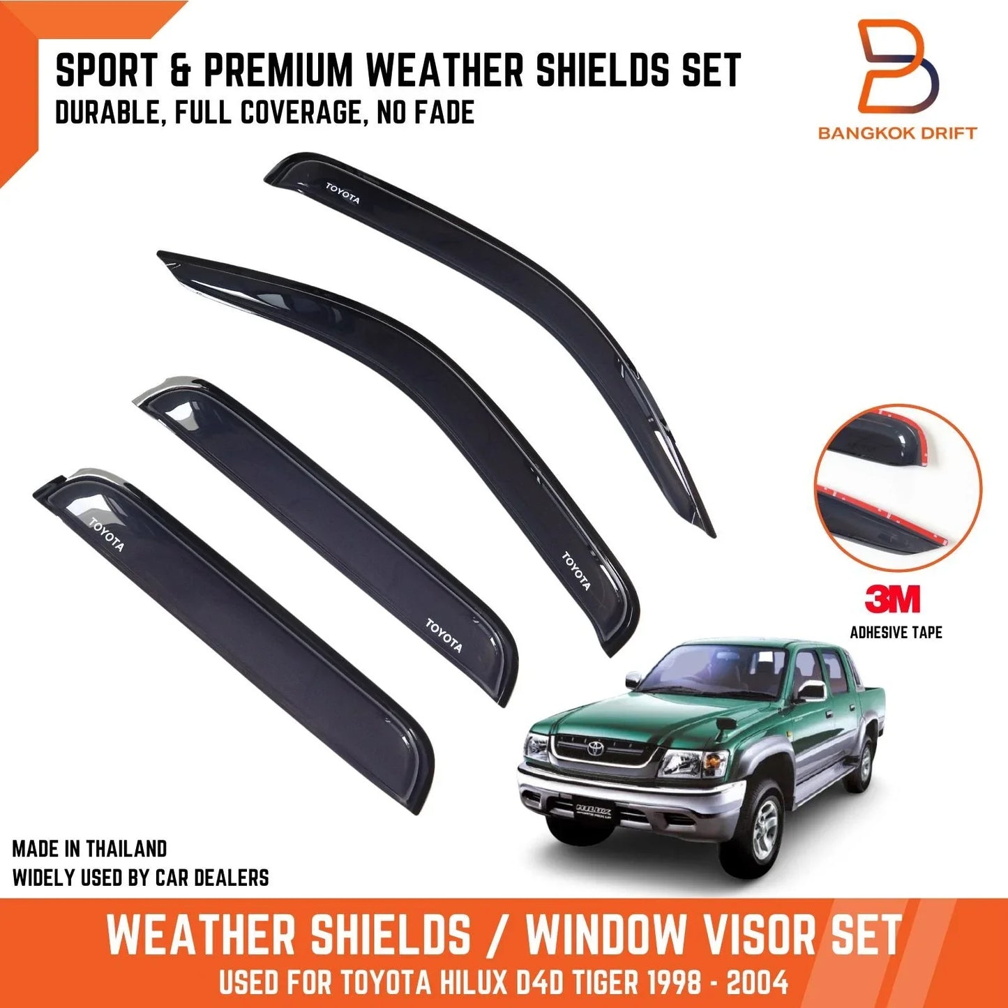 Slim Weathershields Door Visors for Toyota Hilux Dual Cab (1998-2004) Black