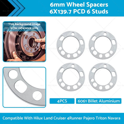 4 x 6mm Wheel Spacers 6X139.7 PCD for Hilux LandCruiser 4Runner
