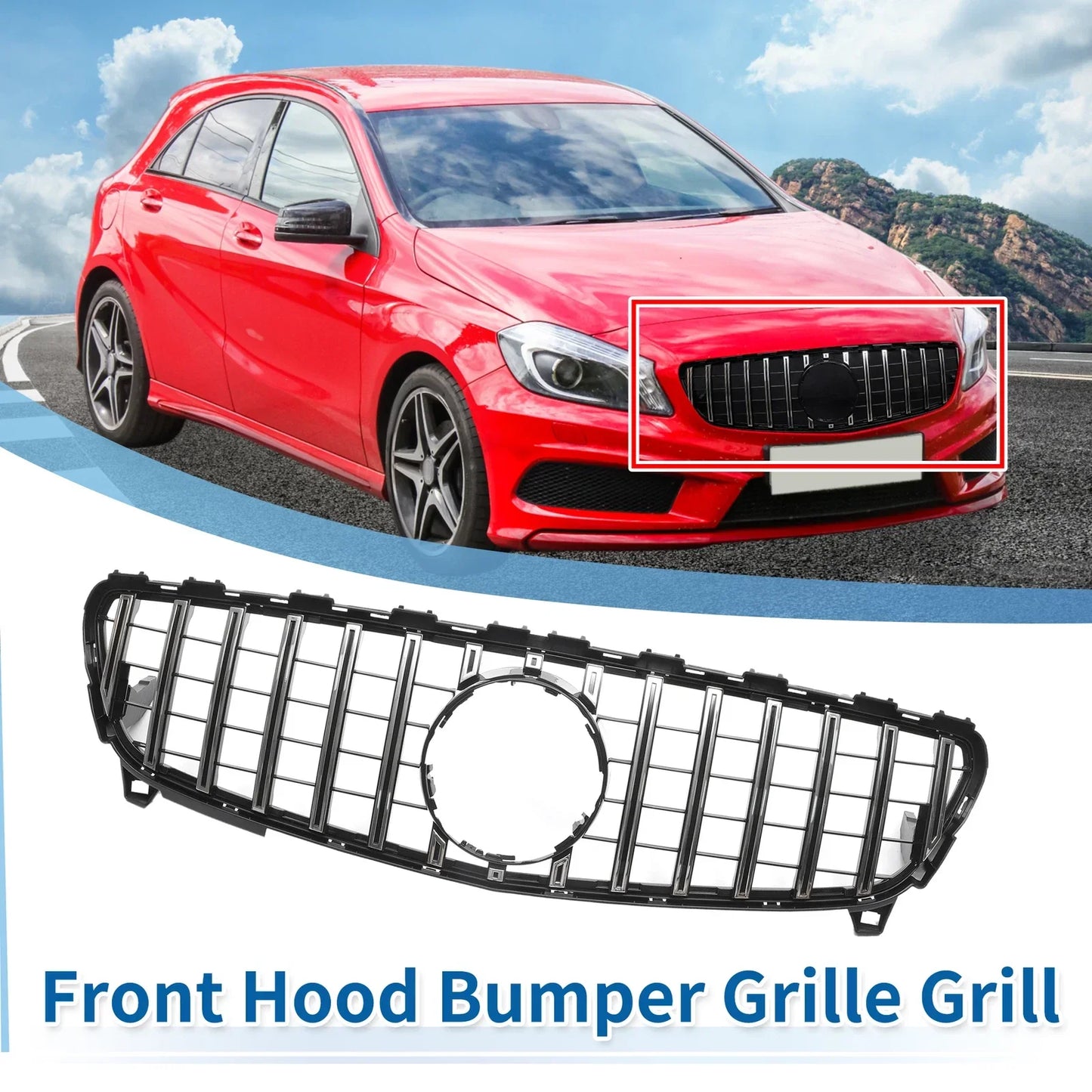 Front Upper Bumper Grille for Mercedes-Benz A-Class Chrome Silver (2013-2020)