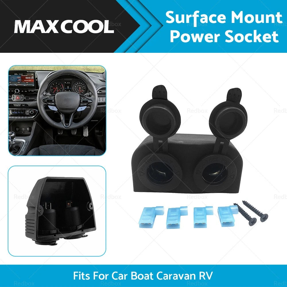 12V-24V Dual Power Socket for Boat Caravan RV - Black Surface Mount