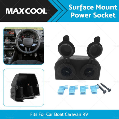 12V-24V Dual Power Socket for Boat Caravan RV - Black Surface Mount
