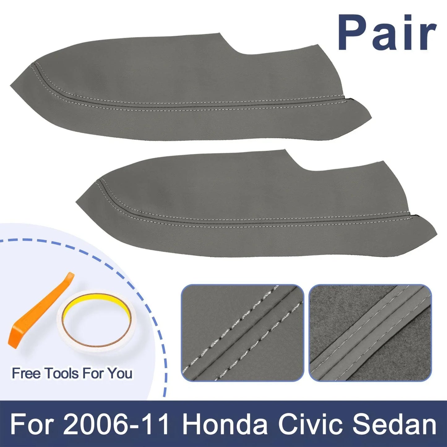 Car Front Door Panels Armrest Covers Gray for Honda Civic Sedan (2006-2011)