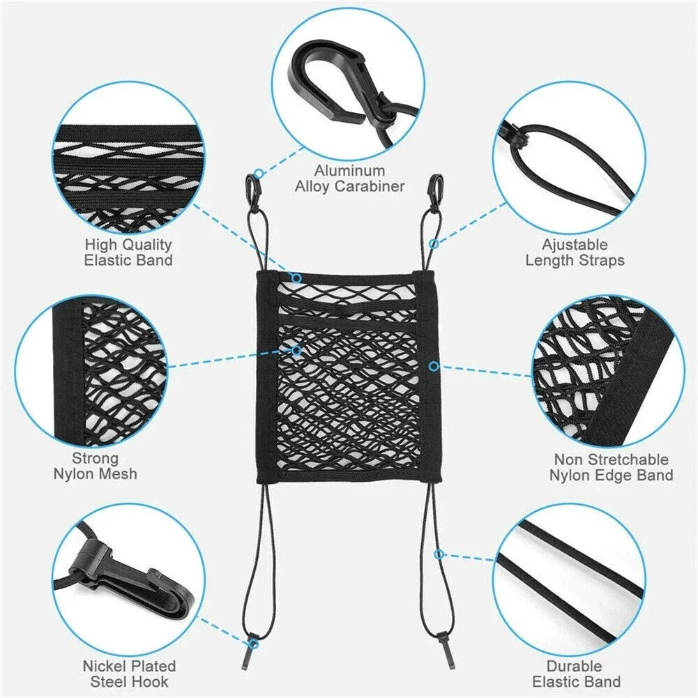 3 Layer Car Storage Net Bag with Hook Mesh Organizer for Front Seat Storage