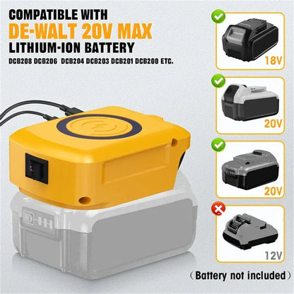 Wireless Charger Adapter Type-C & USB Ports for Dewalt 18V-20V Battery