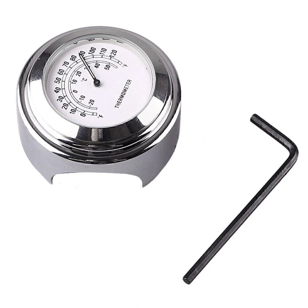 7/8" Handlebar Temp Dial Clock Thermometer for Motorcycle Chrome White