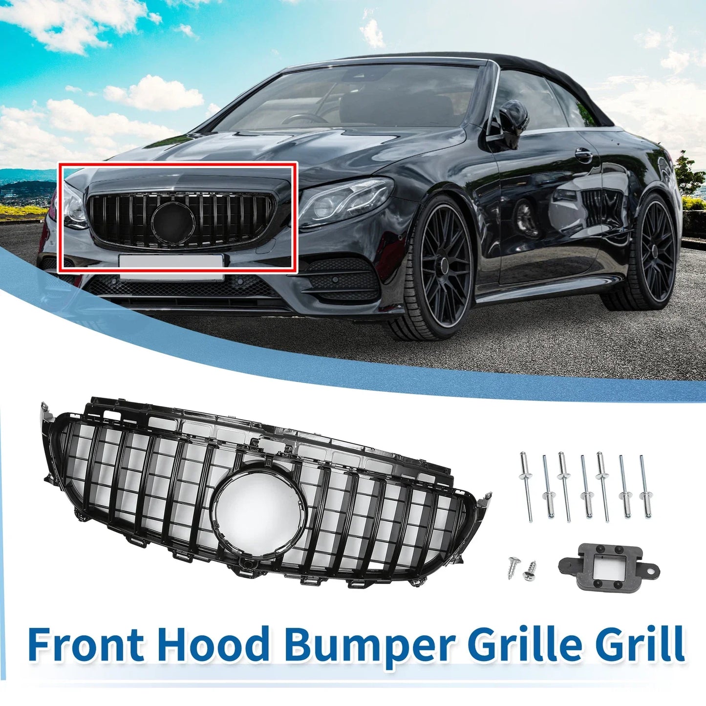 Front Upper Bumper Grille for Mercedes-Benz E200 (2016-2020) Black