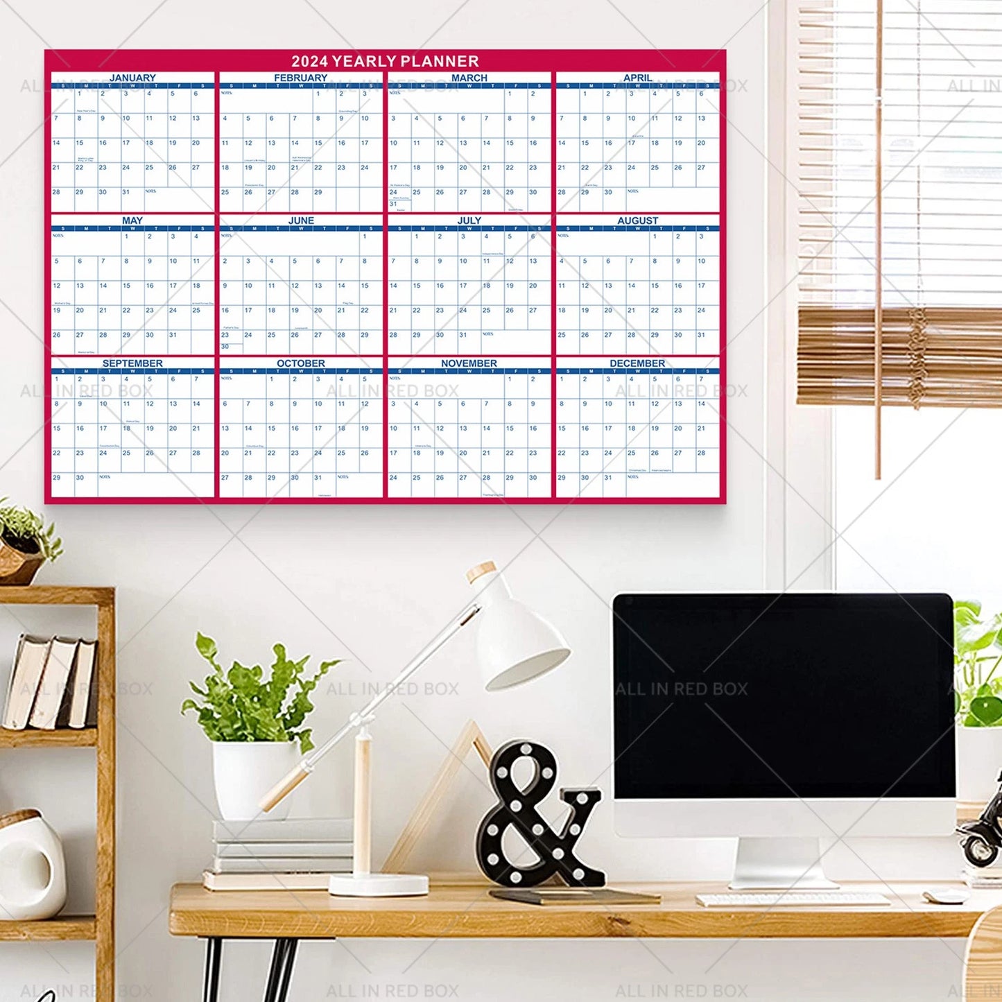 24 x 36in 2024 Dry Erase Wall Calendar Planner - Red (2024)