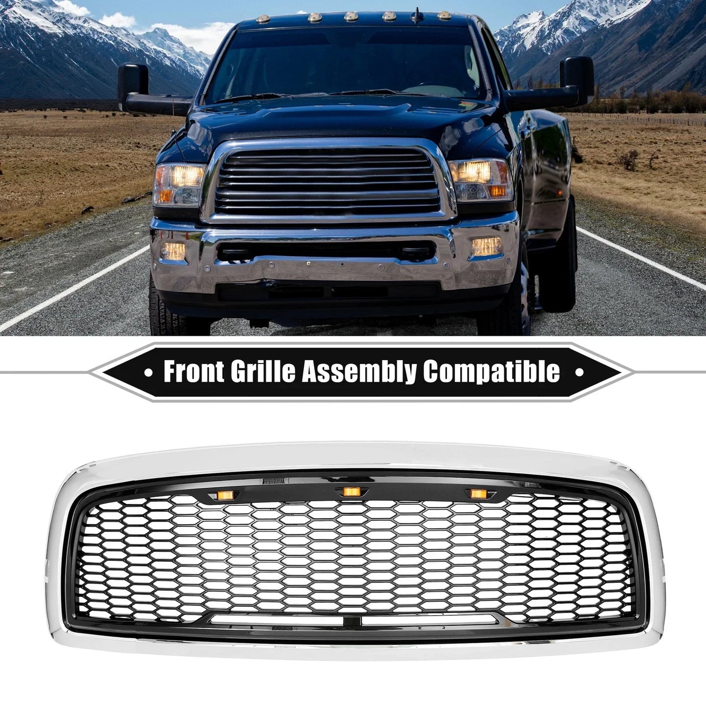 Front Grille Assembly with LED Lights for Dodge (Chrome, Silver, Gloss Black)