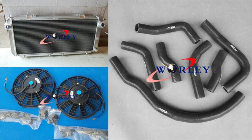 Aluminum Radiator + Fans + Blue Hoses for Toyota MR2 SW20 3SGTE (1990-1997)