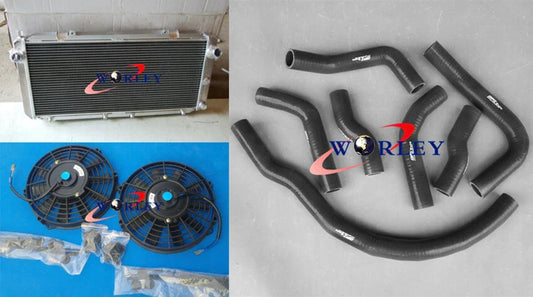 Aluminum Radiator + Fans + Blue Hoses for Toyota MR2 SW20 3SGTE (1990-1997)