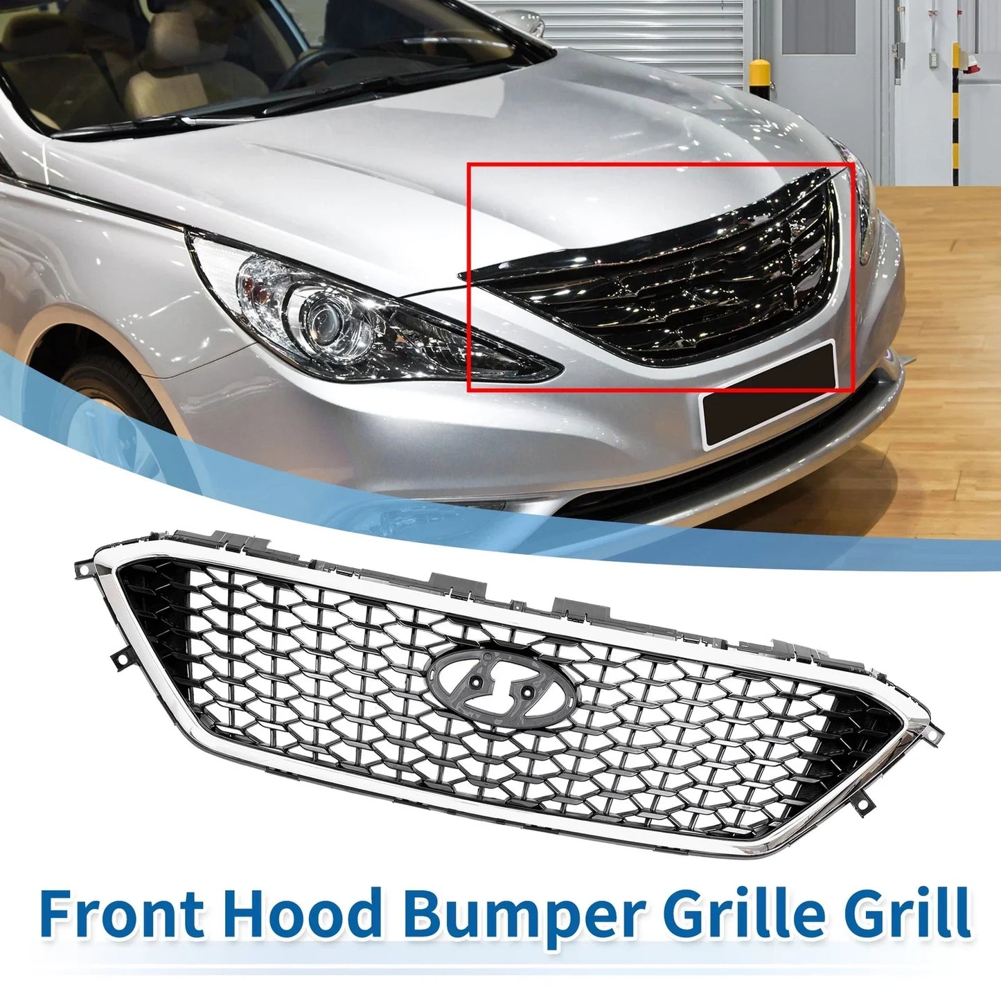 Front Hood Bumper Grille for Hyundai Sonata (2011-2014) Silver Tone