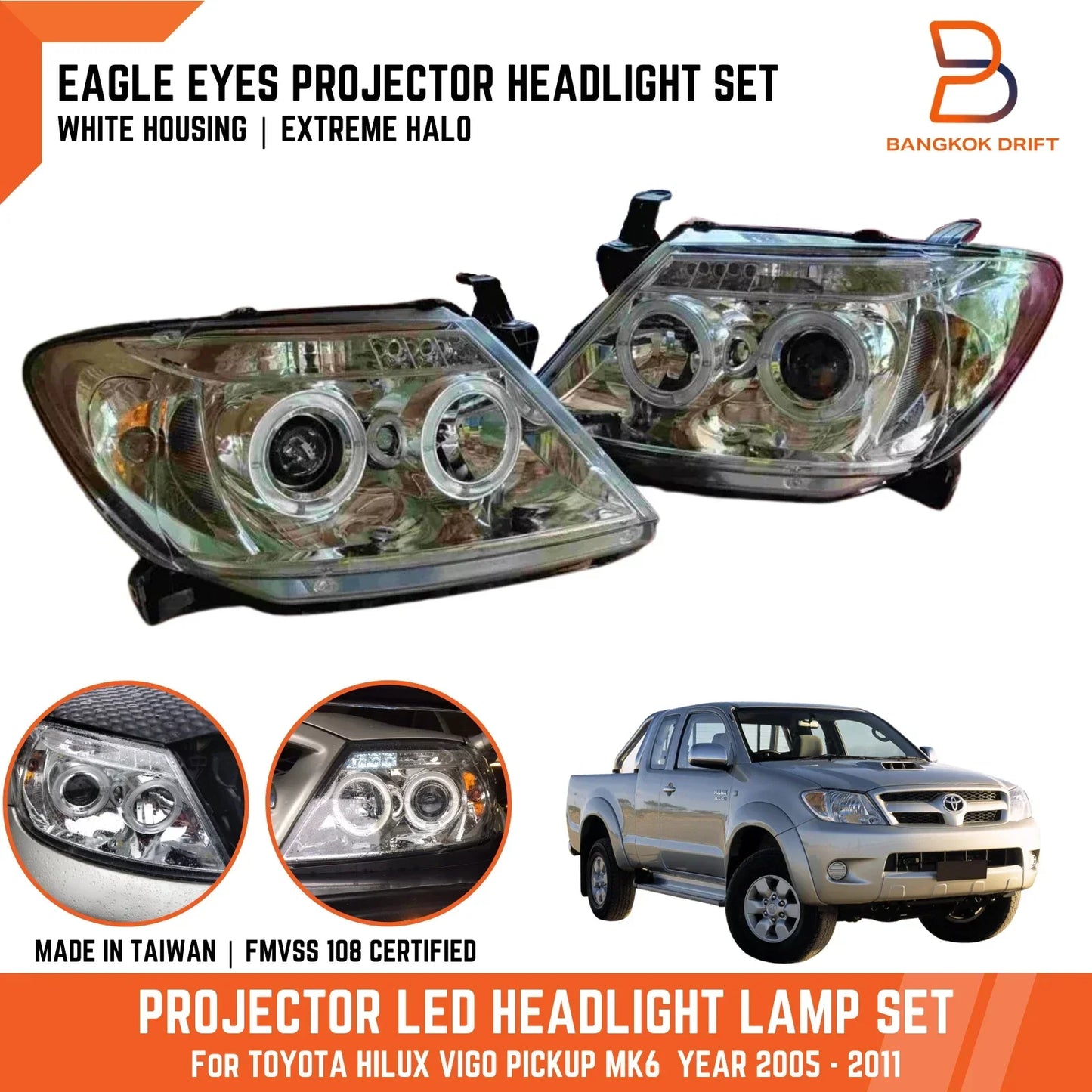 Chrome LED Projector Headlights for Toyota Hilux MK6 Vigo Pickup (05-11)