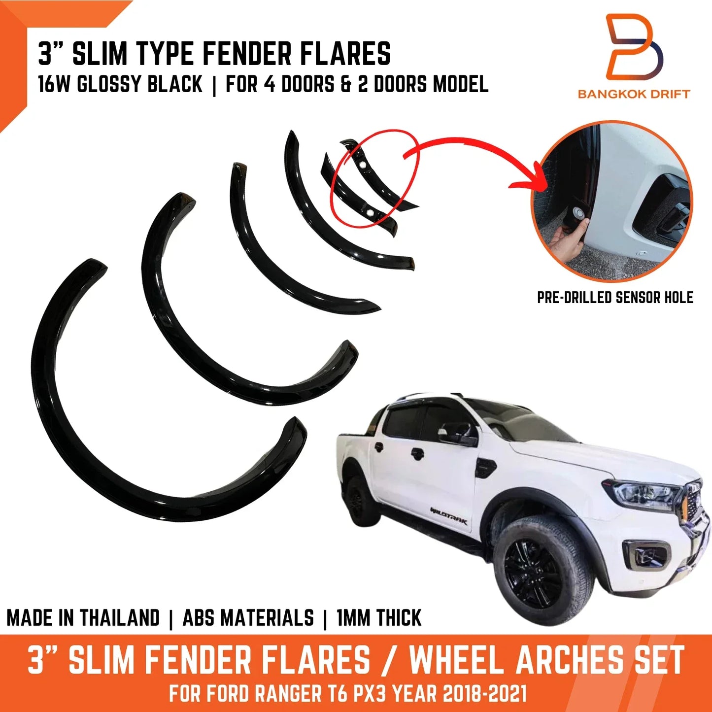 3" Black Fender Flares for Ford Ranger UTE T6 PX3 (2018-2021)