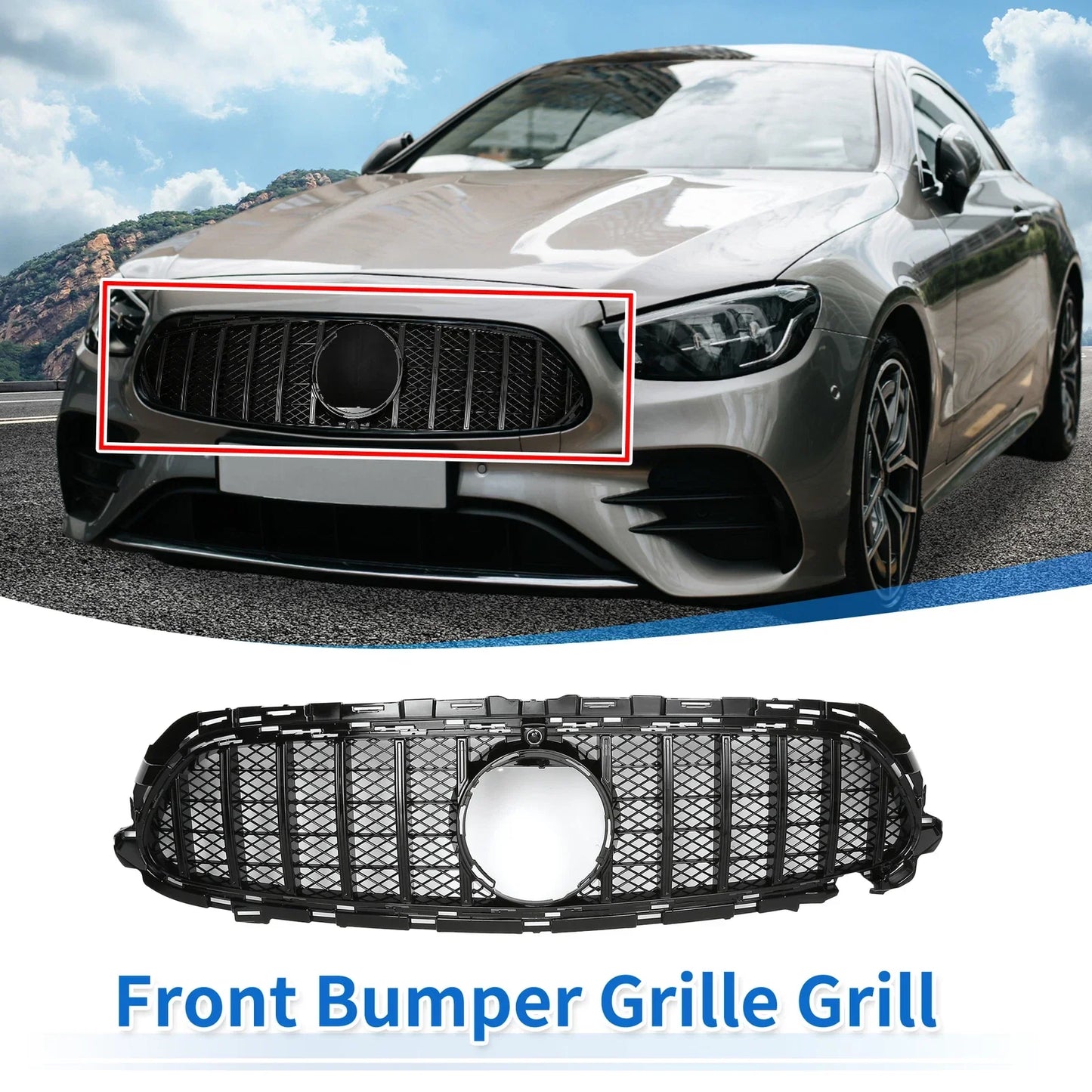 Front Upper Bumper Grille for Mercedes E200 AMG Body Styling Black (2017-2023)