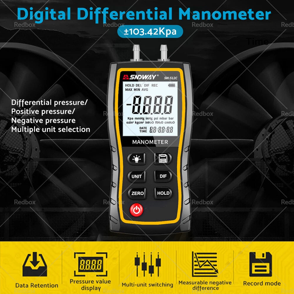 Handheld Digital Differential Manometer Air Gas Pressure Gauge ±103.42KPA