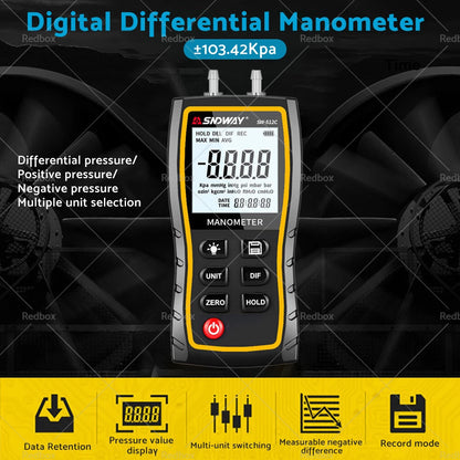 Handheld Digital Differential Manometer Air Gas Pressure Gauge ±103.42KPA