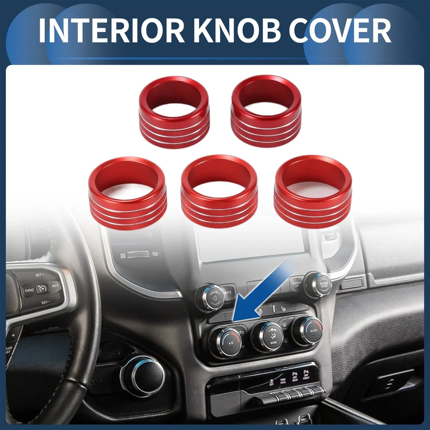 AC Media Volume Switch Knob Cover Ring for Dodge RAM 2018-2022 - 5 Pcs Red