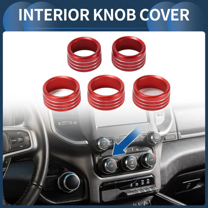AC Media Volume Switch Knob Cover Ring for Dodge RAM 2018-2022 - 5 Pcs Red