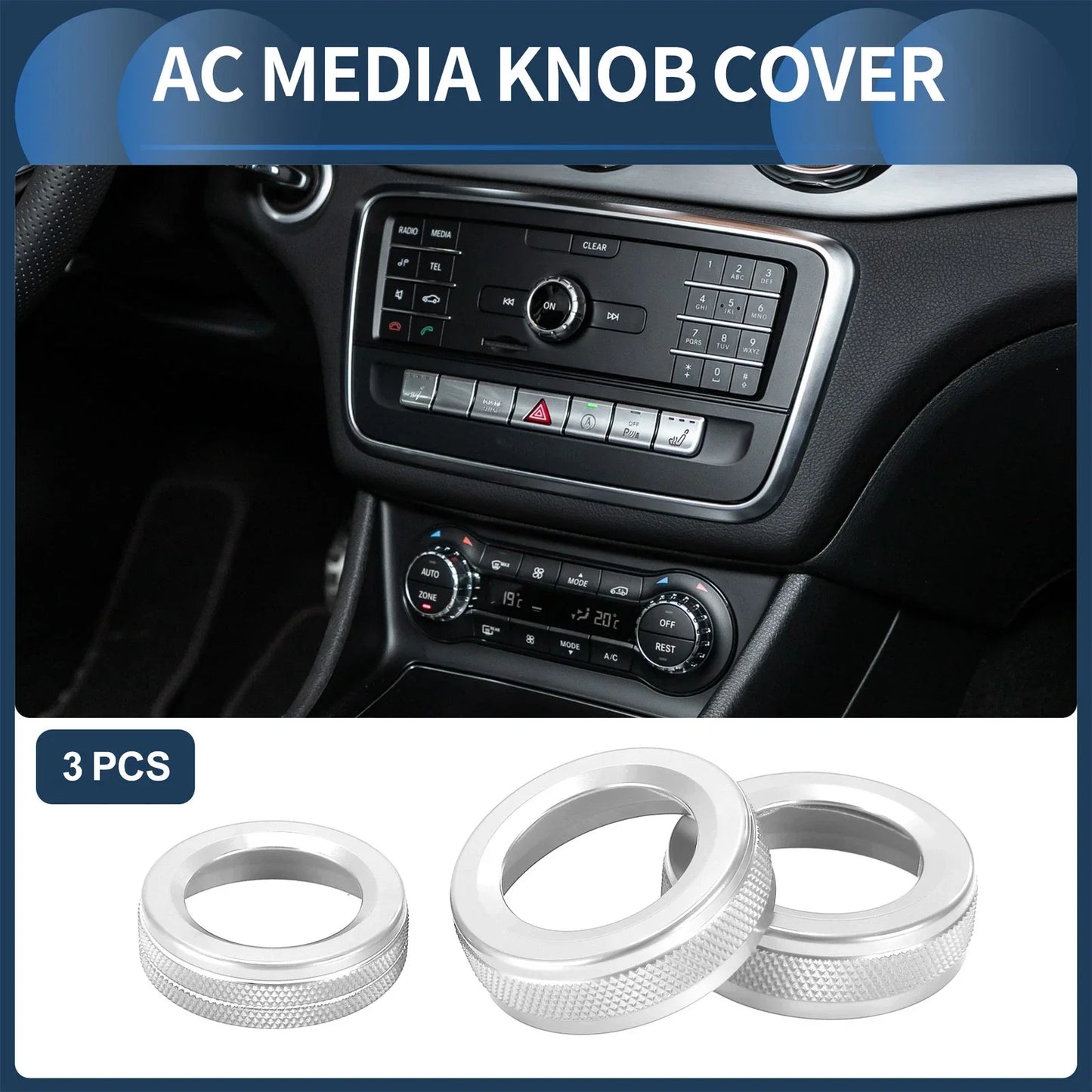 AC Media Knob Covers for Mercedes-Benz A B E GLK GLA CLA Class Silver Tone 3 x