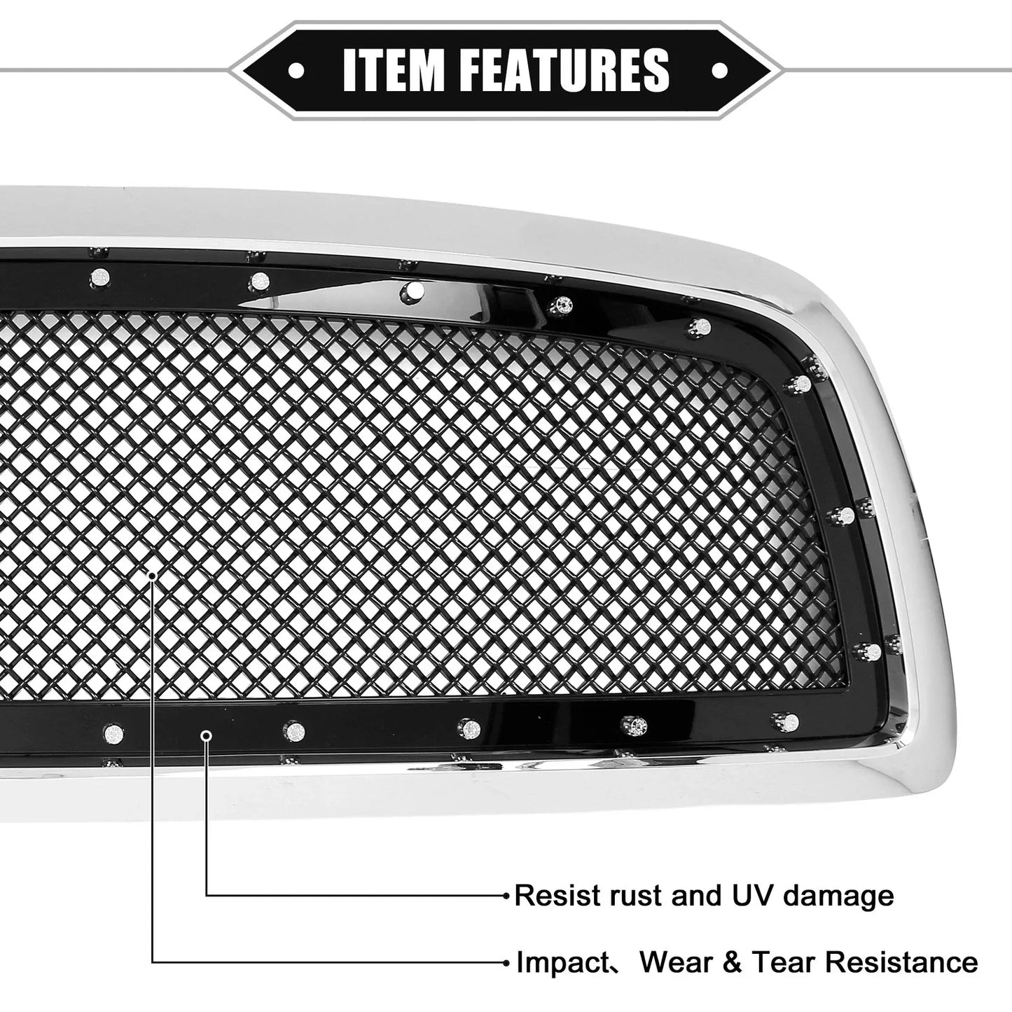 Front Grille Assembly for Dodge Ram Chrome Silver Tone Gloss Black