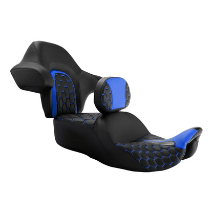 Black Blue Driver Passenger Seat Backrest Pad for Harley Road King (2014-2023)
