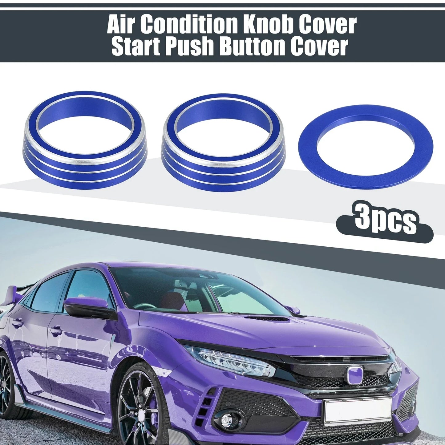 3 x Blue AC Knob Covers & Engine Start Button Cover for Honda Civic (2016-2021)