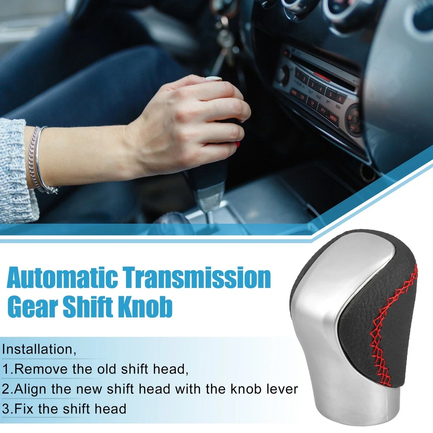 Silver Tone Gear Shift Knob Cover with Red Thread for Lexus