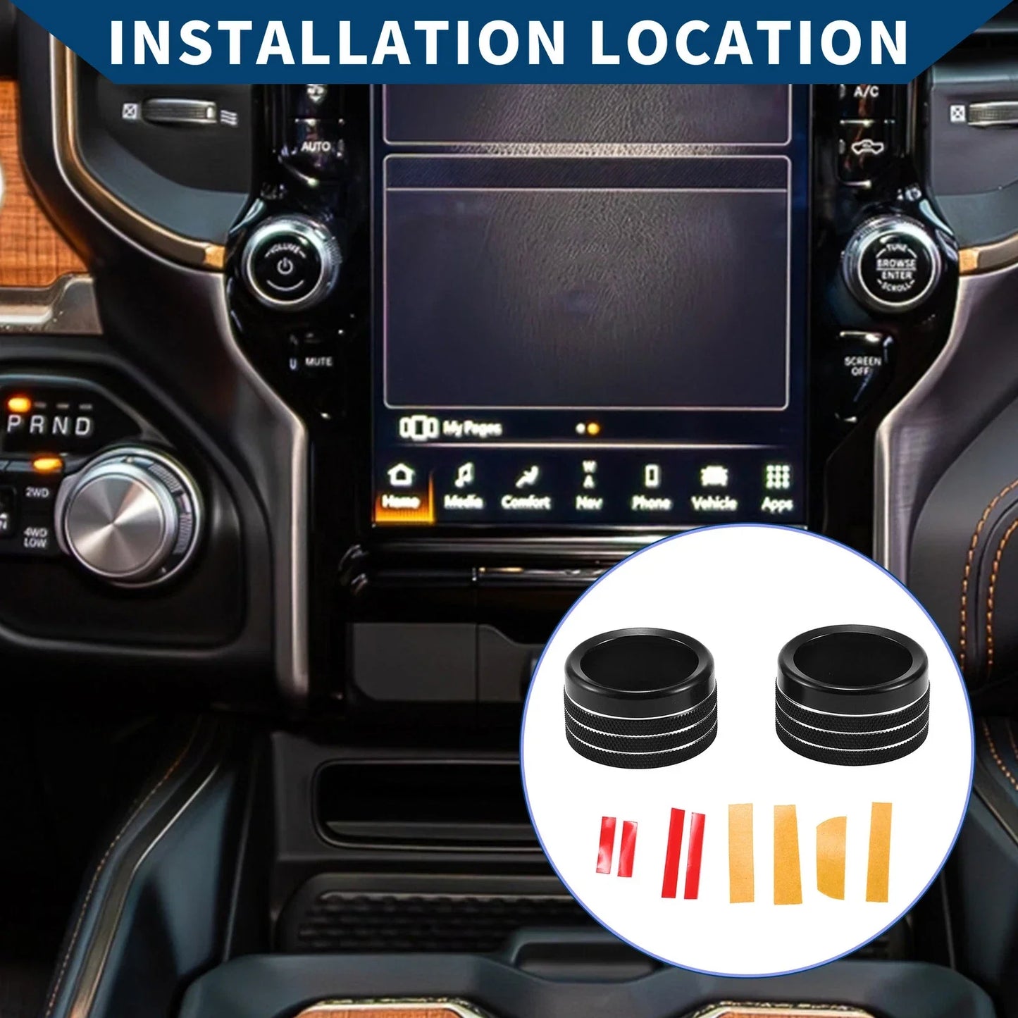Radio Audio Tune Switch Knob Cover for Dodge RAM 2019-2022 - 2 Pcs Black