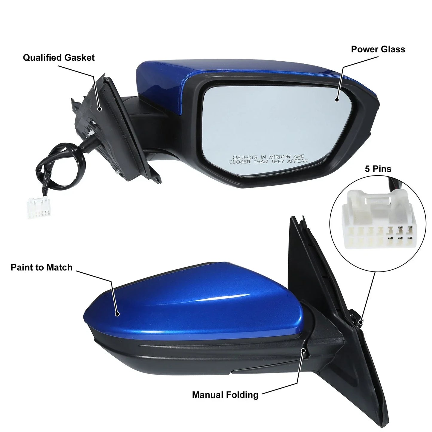 5 Pin Right Side Exterior Door Mirror Assembly Blue for Honda Civic (2016-2020)