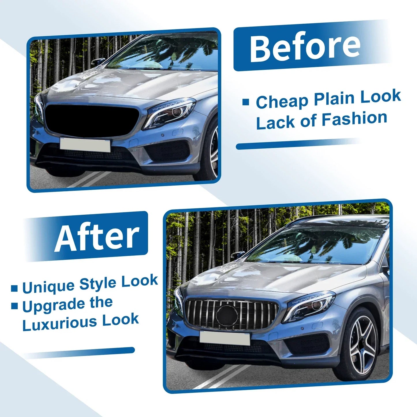Front Upper Bumper Grille for Mercedes-Benz GLA Class Chrome Silver (2015-2023)