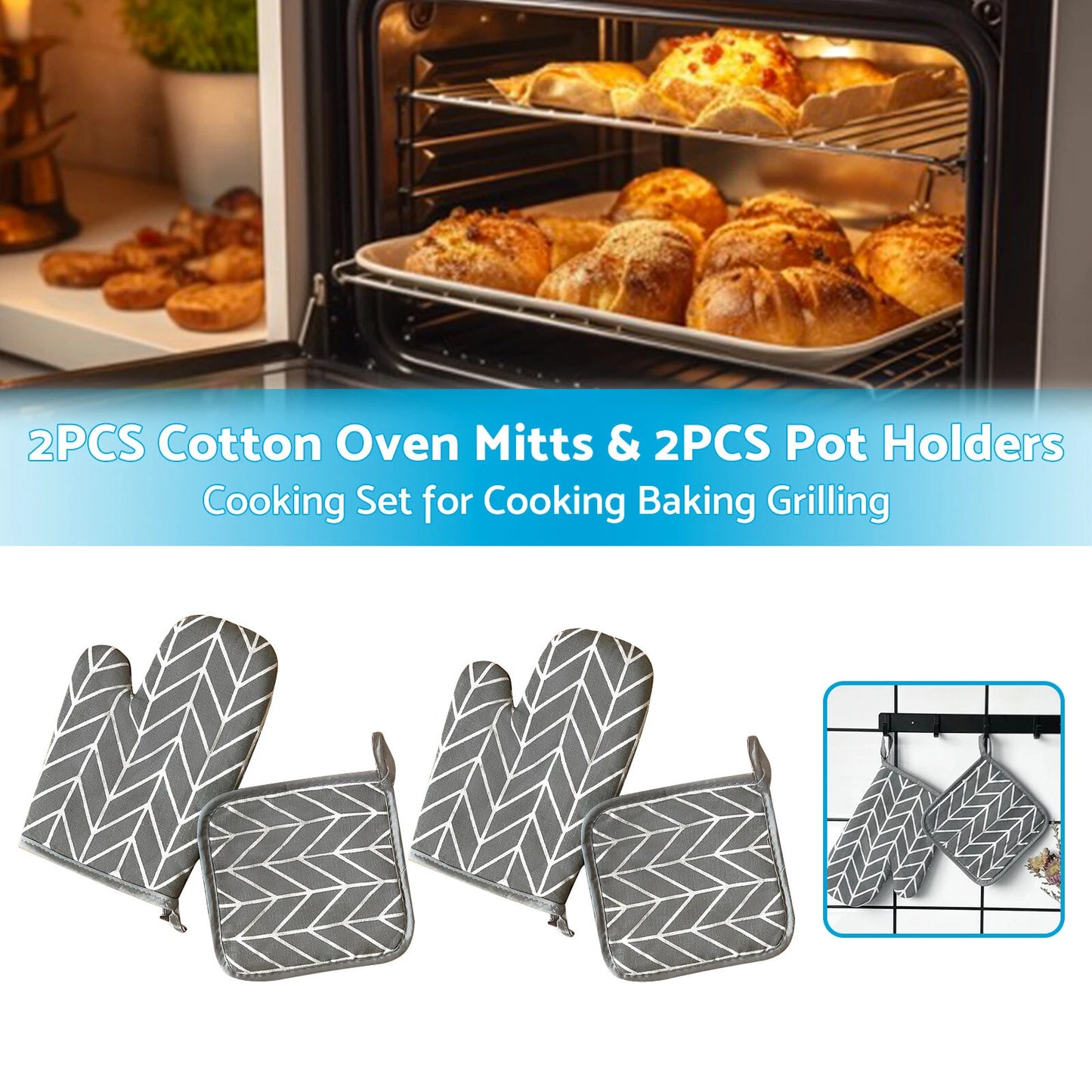 Grey Oven Mitt & Pot Holder Set - BBQ Gloves for Cooking & Baking