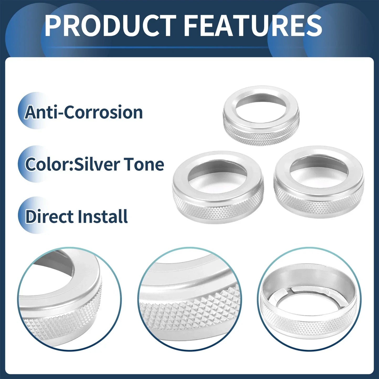 AC Media Knob Covers for Mercedes-Benz A B E GLK GLA CLA Class Silver Tone 3 x